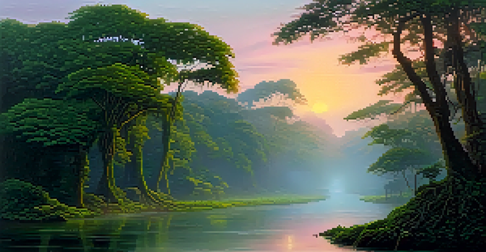 A tranquil scene of the Amazon rainforest at dawn, featuring mist, ancient trees, and a gently flowing river reflecting the sunrise.