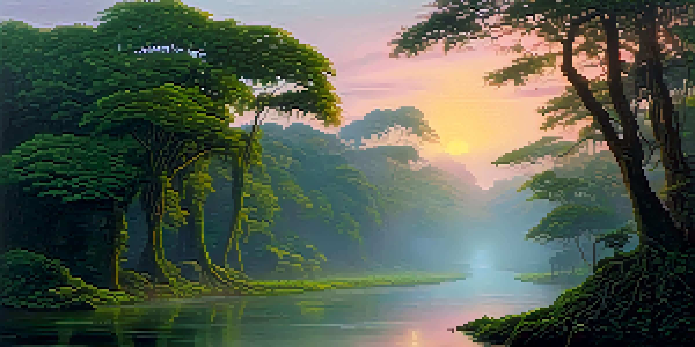 A tranquil scene of the Amazon rainforest at dawn, featuring mist, ancient trees, and a gently flowing river reflecting the sunrise.