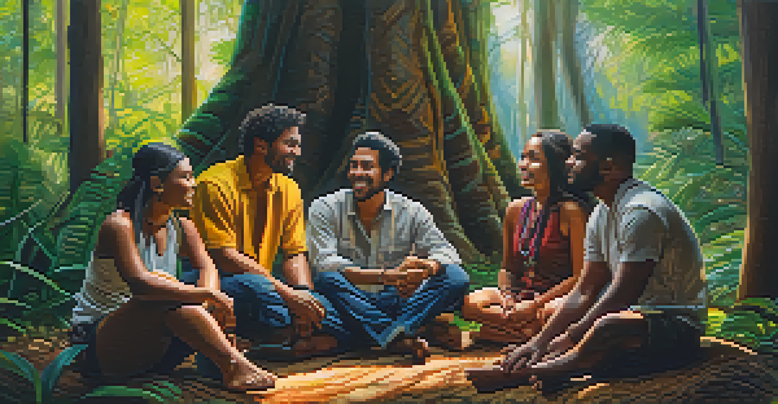 A diverse group of individuals in a tranquil forest, sharing their Ayahuasca experiences with expressions of contemplation and joy.
