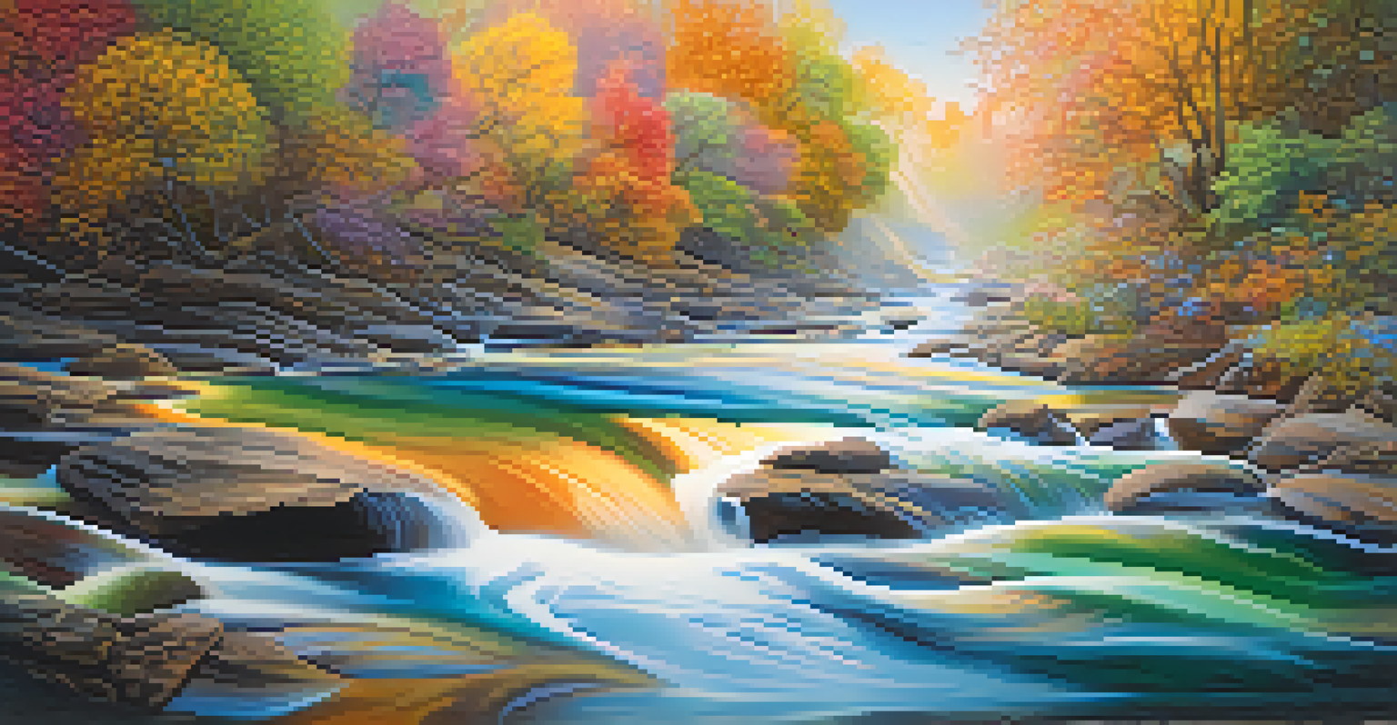 A dreamlike representation of time as a flowing river with colorful abstract shapes and soft lighting.