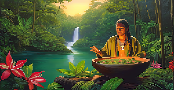 An indigenous healer preparing ayahuasca in a lush Amazon rainforest during dusk, surrounded by vibrant plants and warm lighting.