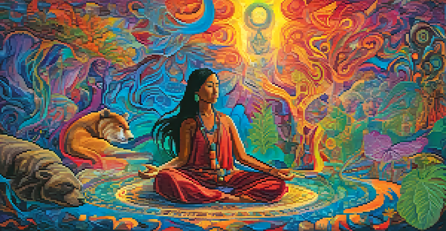 An abstract representation of a person meditating surrounded by colorful animal totems during an Ayahuasca journey.