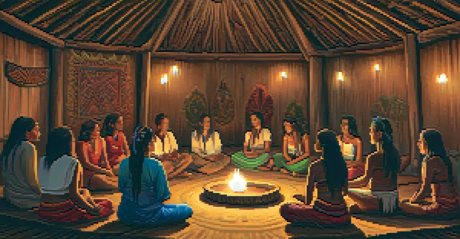 Participants gathered in a circle for an Ayahuasca ceremony inside a rustic maloca, surrounded by indigenous art.