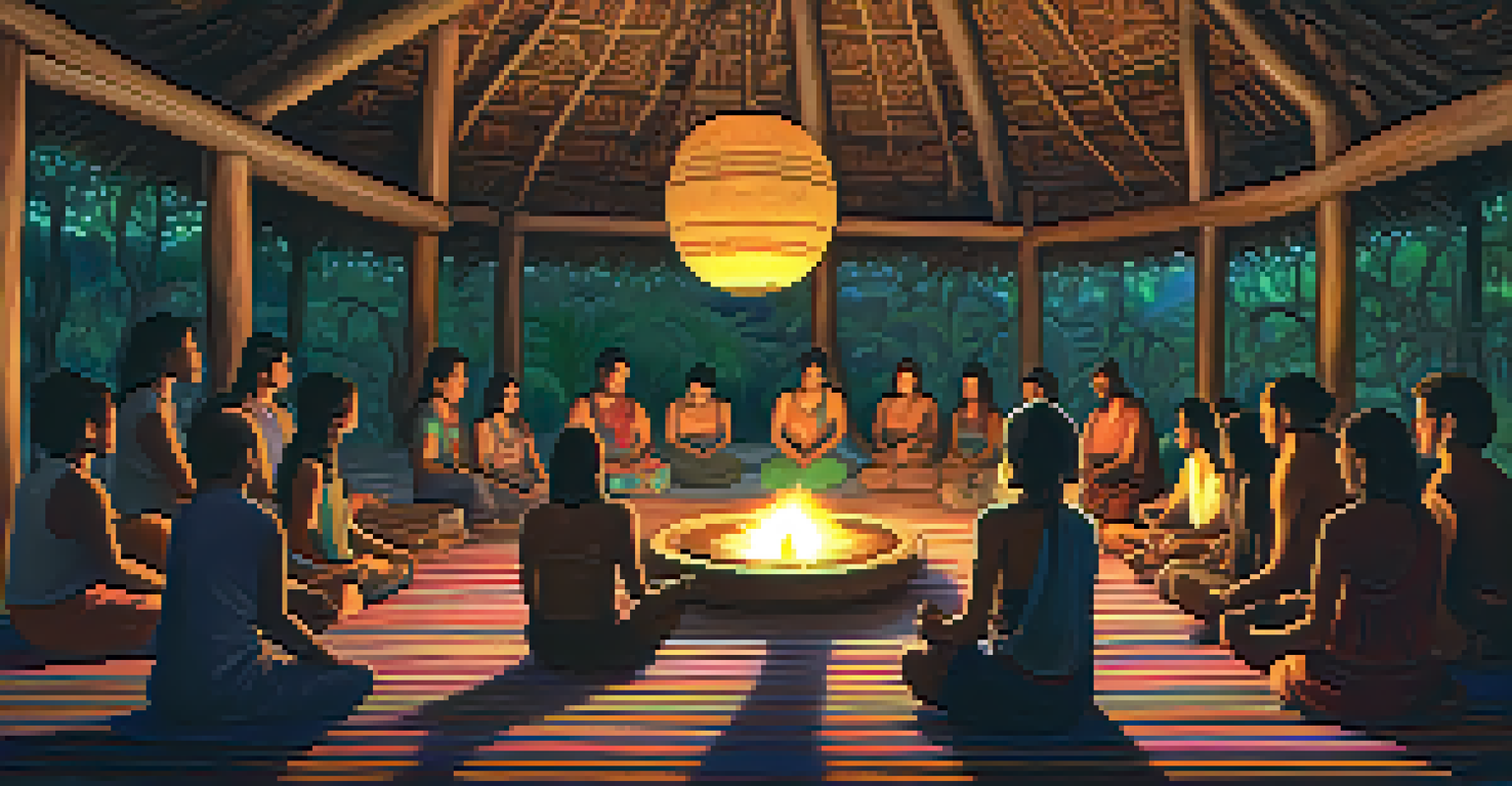 An intimate Ayahuasca ceremony in a rustic setting, with participants holding cups and a shaman guiding the group.