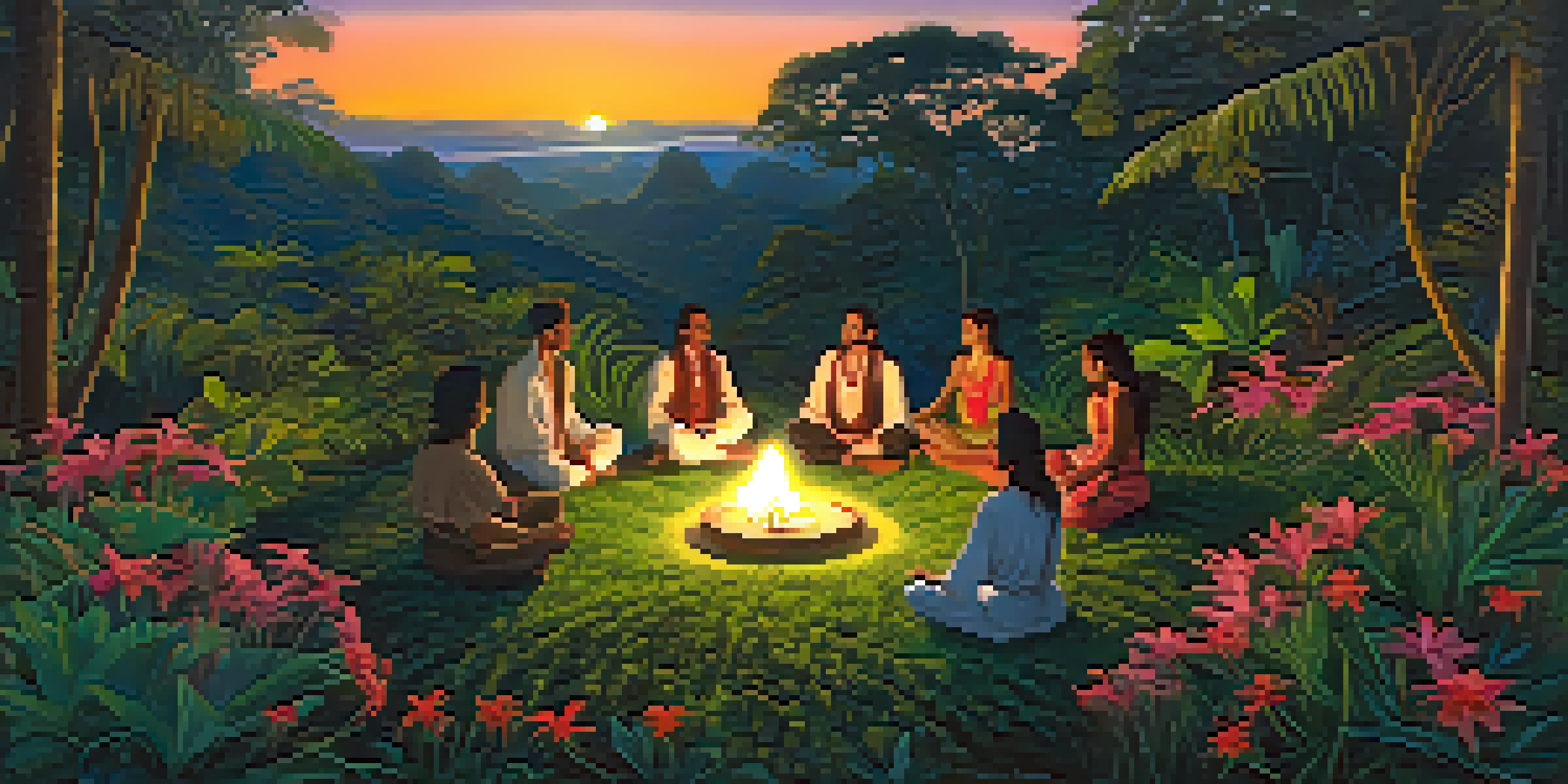 A tranquil jungle setting with people engaging in breathwork among vibrant foliage and flowers, illuminated by candlelight.