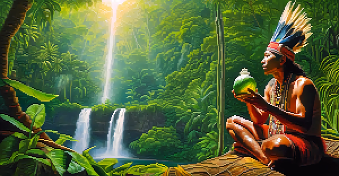An Indigenous shaman in traditional dress preparing Ayahuasca in a rainforest, with sunlight filtering through leaves.