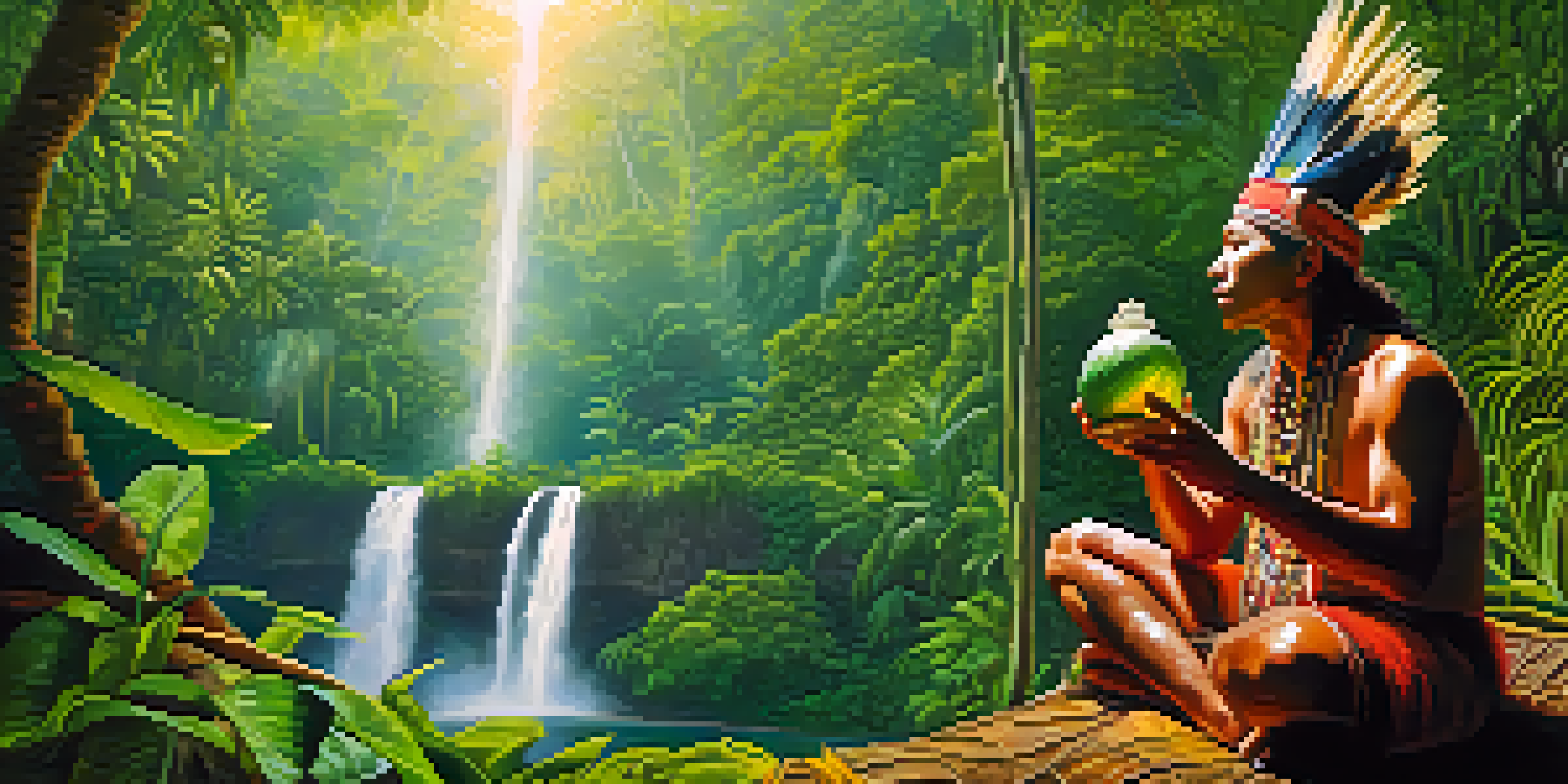 An Indigenous shaman in traditional dress preparing Ayahuasca in a rainforest, with sunlight filtering through leaves.