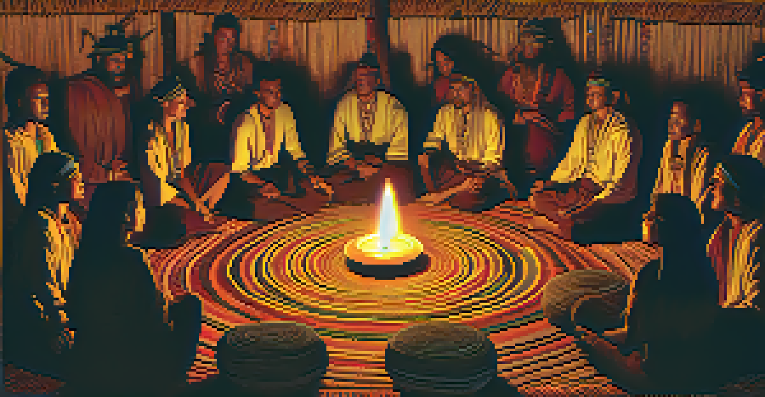 An intimate Ayahuasca ceremony with participants and a shaman under warm candlelight.