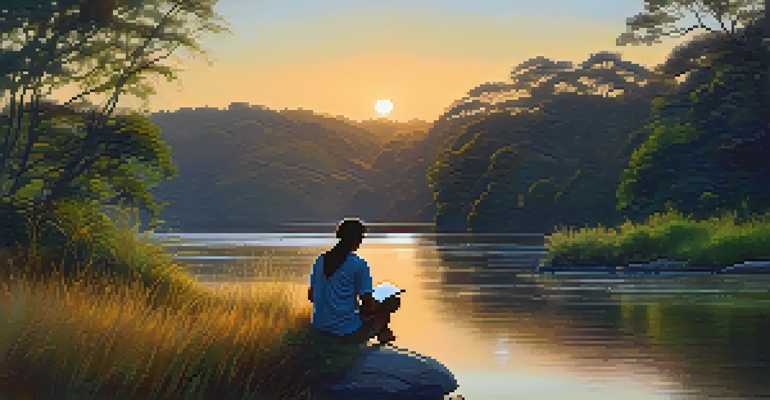 A participant journaling by a calm river at sunrise, reflecting on their Ayahuasca experience, with vibrant nature all around.