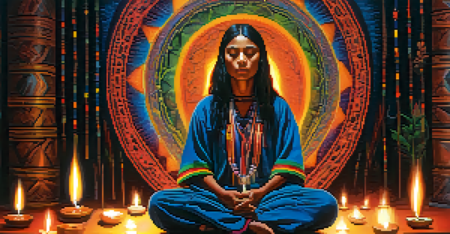 A person meditating in a candle-lit space with colorful abstract visions around them, symbolizing insights from an Ayahuasca experience.
