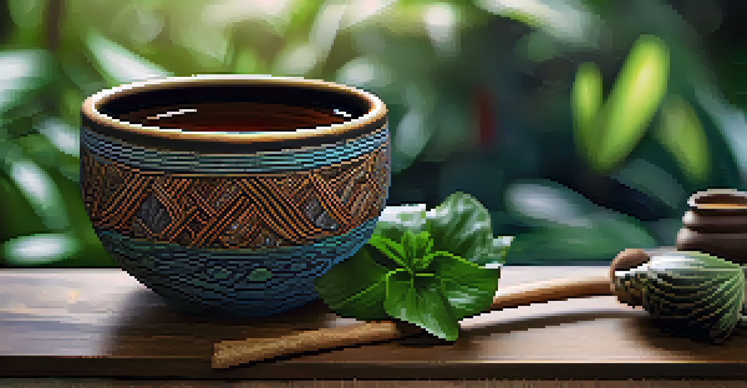 A close-up view of a traditional ayahuasca brew in a ceramic cup, placed on a wooden table with surrounding Amazonian plants.