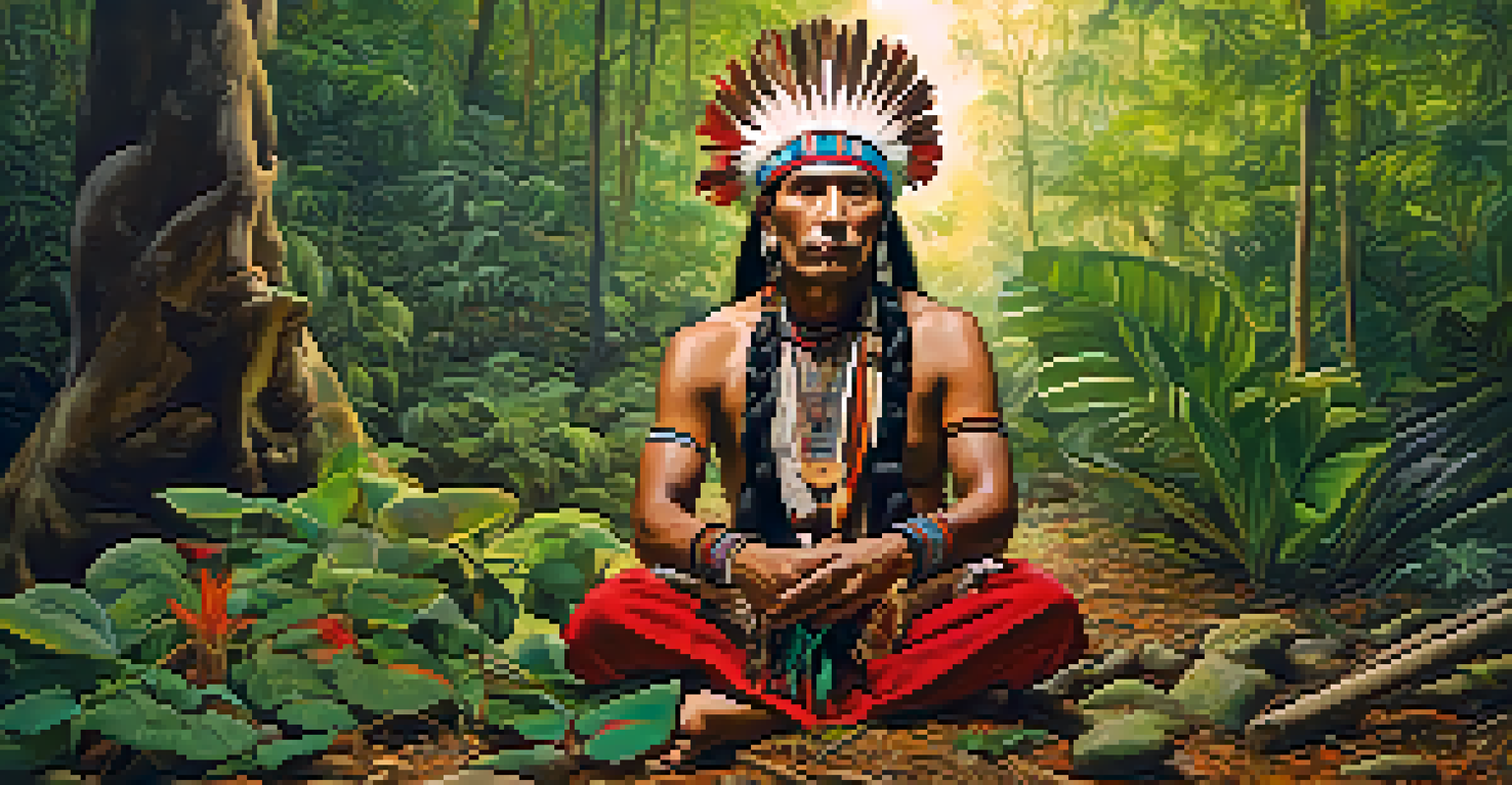 An indigenous shaman in traditional attire, sitting in a forest surrounded by vines and leaves, with soft light filtering through the trees.