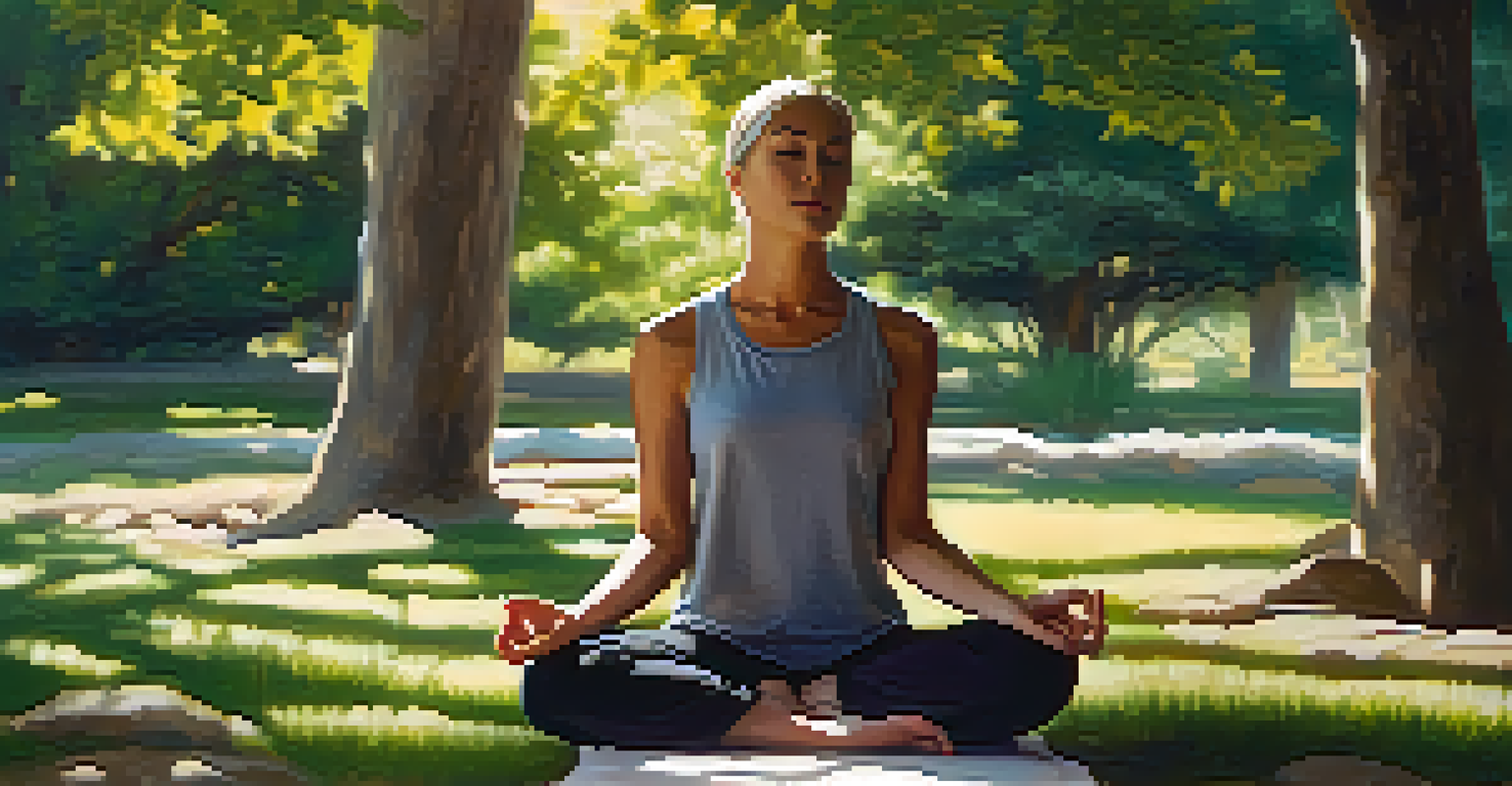A close-up of a meditating person outdoors with closed eyes, surrounded by soft greenery and warm sunlight.