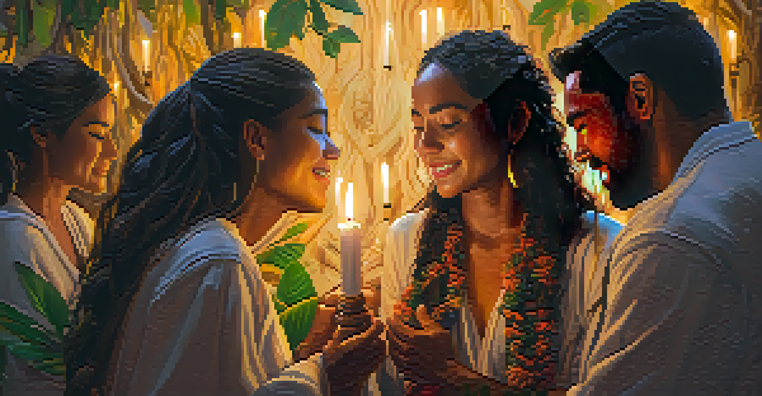 Two participants sharing a hug during an ayahuasca ceremony, surrounded by a supportive group in a candle-lit setting.