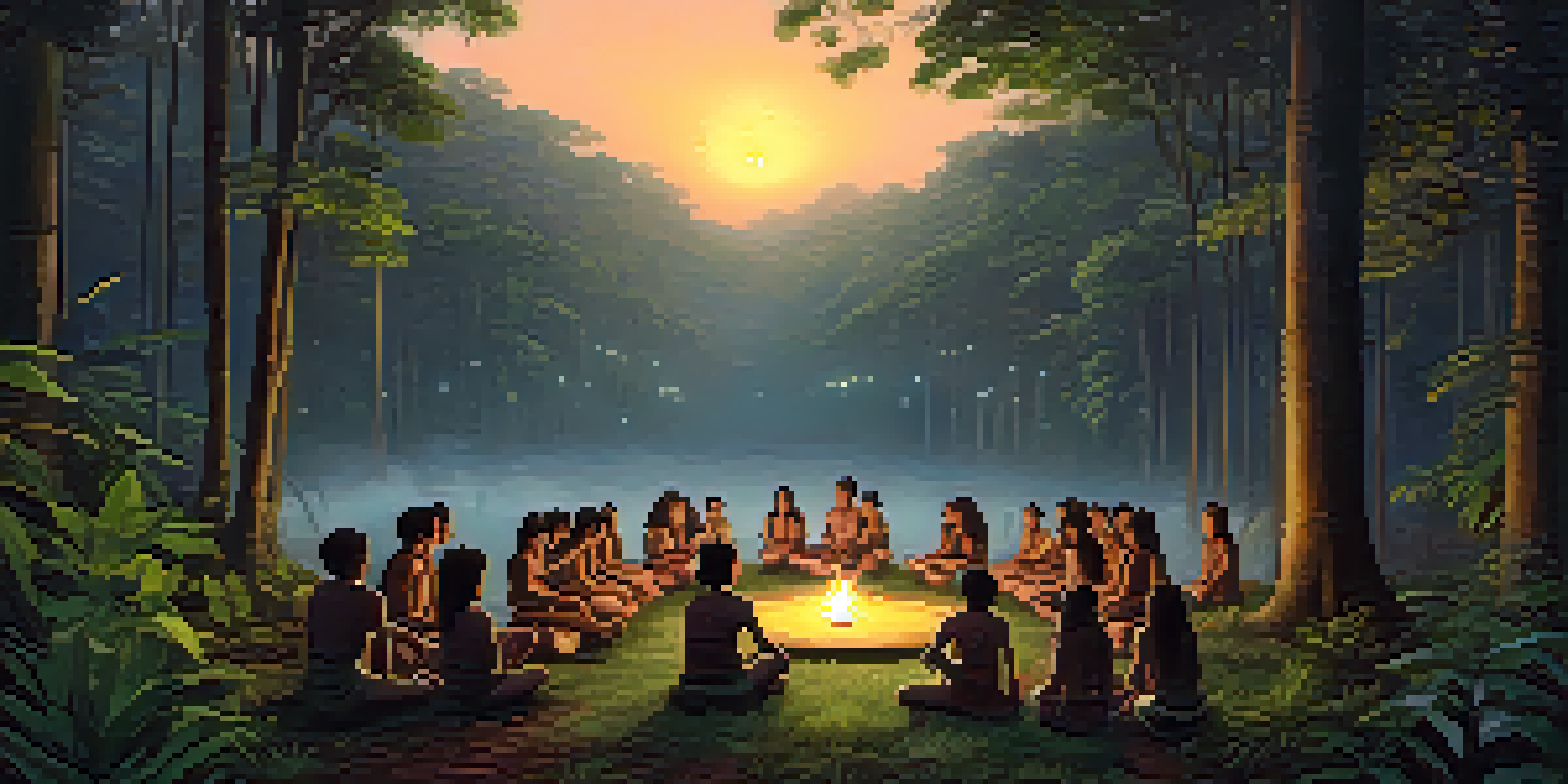 A peaceful Amazonian forest with fireflies and people sitting in a circle with traditional instruments.