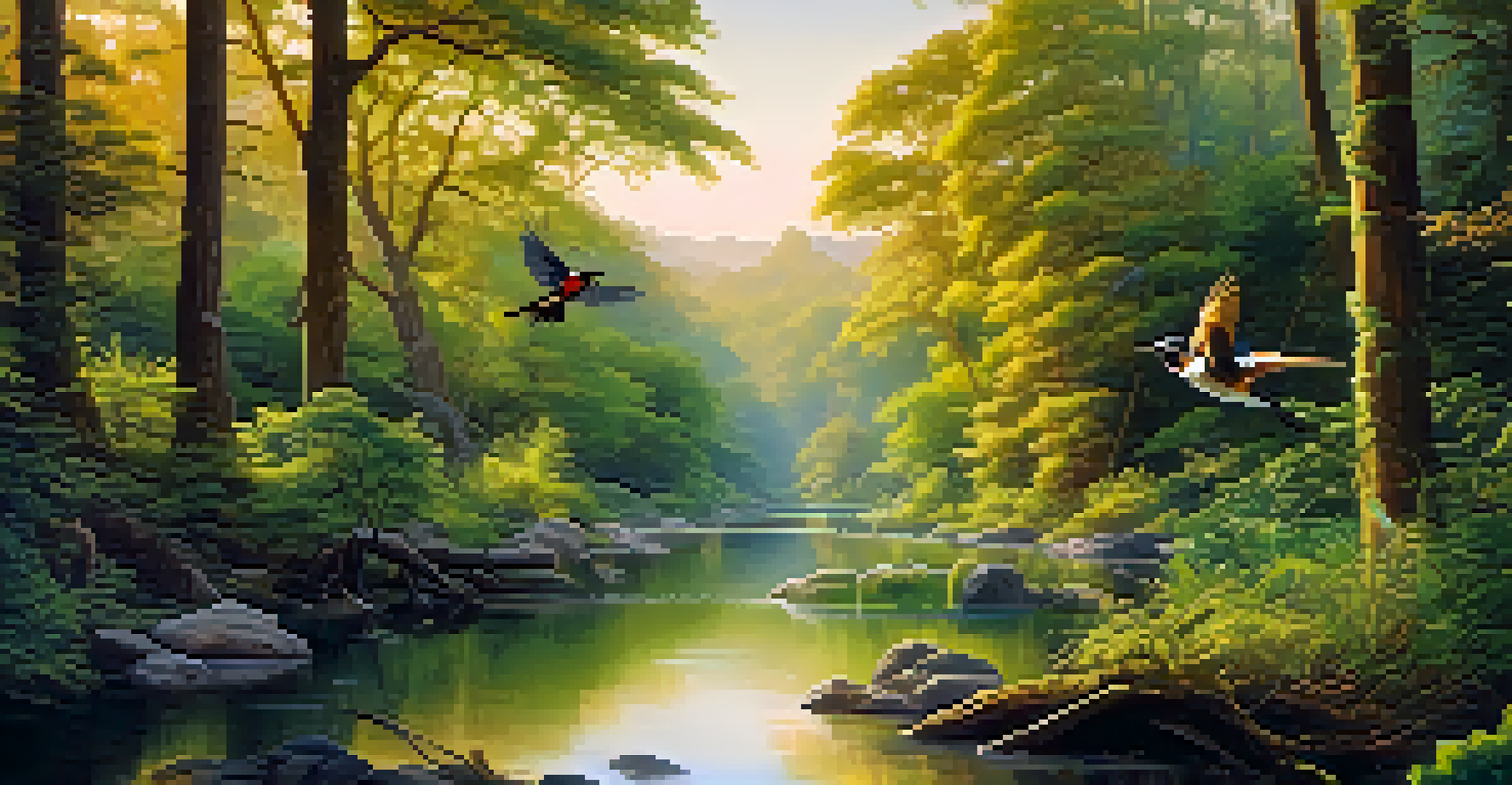 A vibrant forest scene with lush plants, flowing water, and colorful wildlife, illuminated by warm sunlight, conveying a sense of peace.