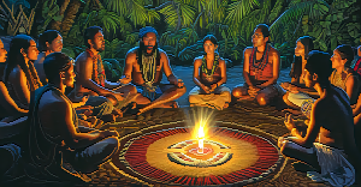 A shaman in traditional clothing leading an ayahuasca ceremony with participants in a circle, surrounded by candles.