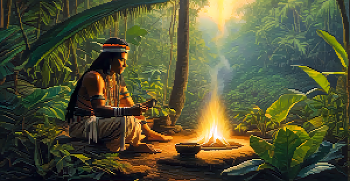 A peaceful scene in the Amazon rainforest at dawn, featuring a shaman preparing Ayahuasca over a fire amidst lush greenery and colorful flowers.