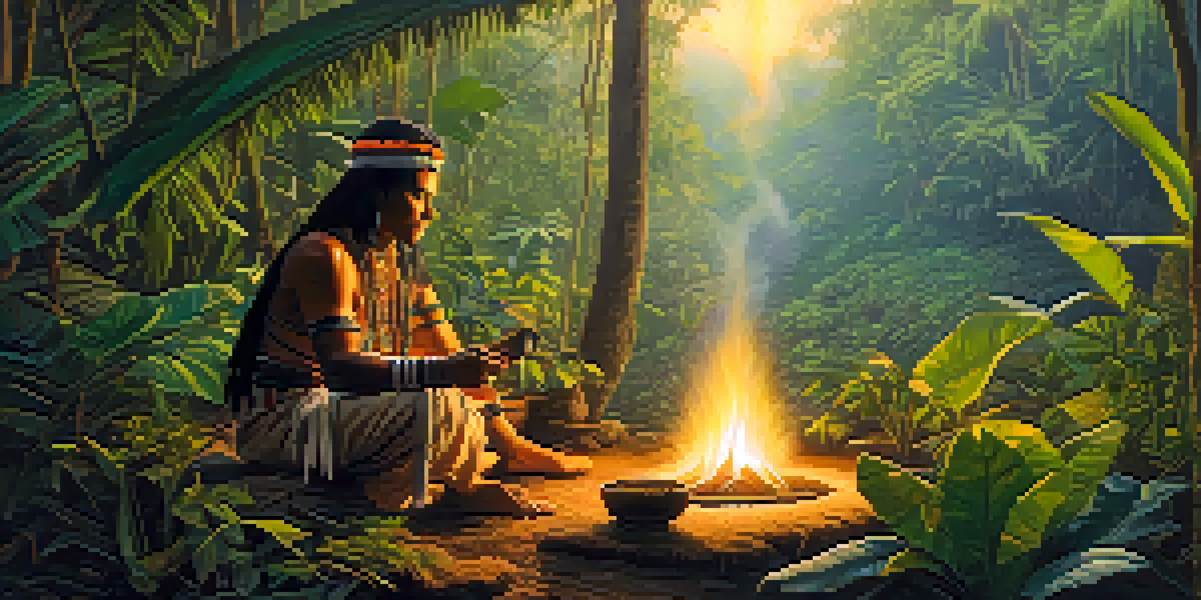 A peaceful scene in the Amazon rainforest at dawn, featuring a shaman preparing Ayahuasca over a fire amidst lush greenery and colorful flowers.