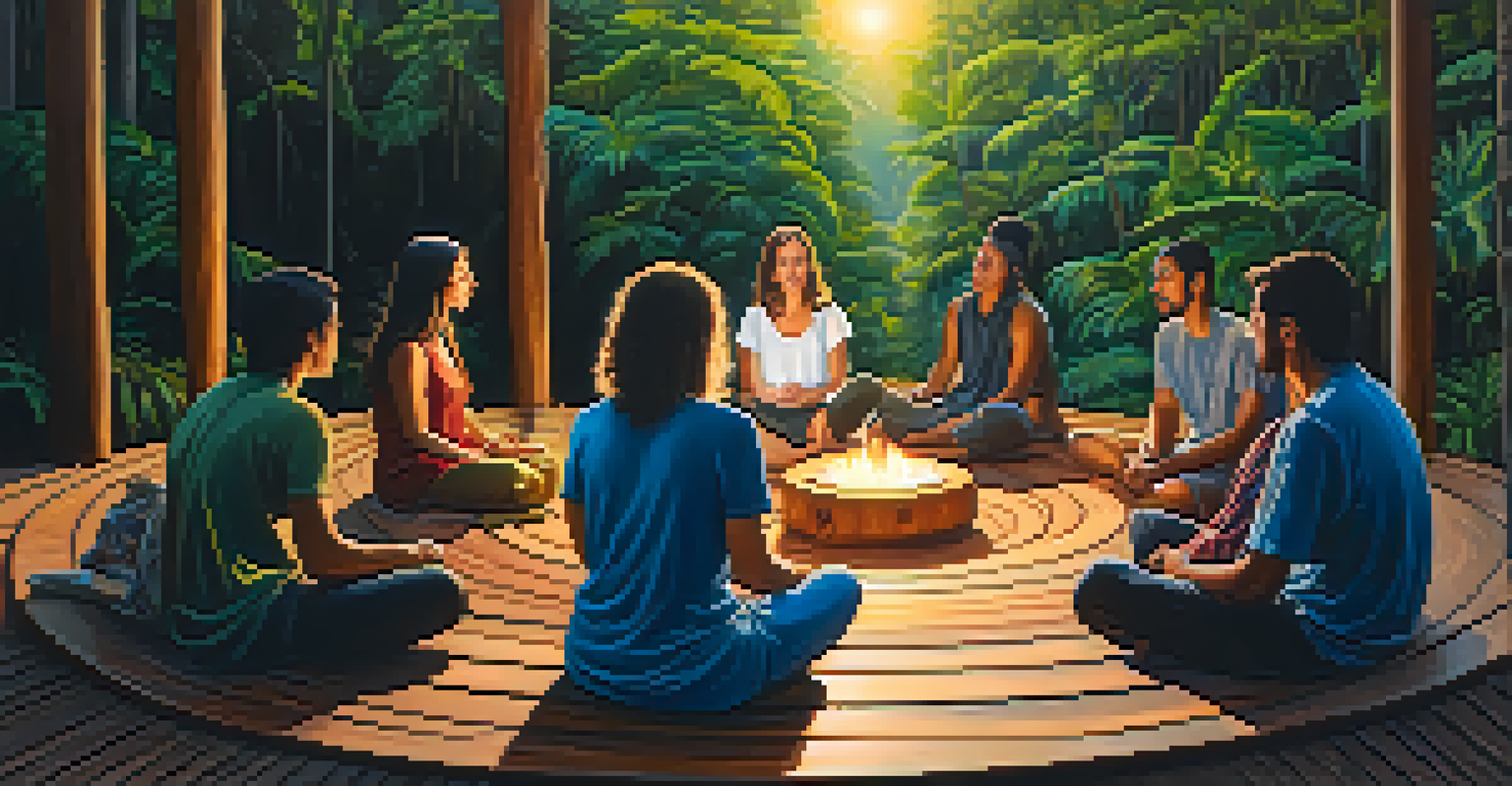 Participants in a circle during an Ayahuasca retreat, surrounded by nature and warm lighting, reflecting a sense of community.
