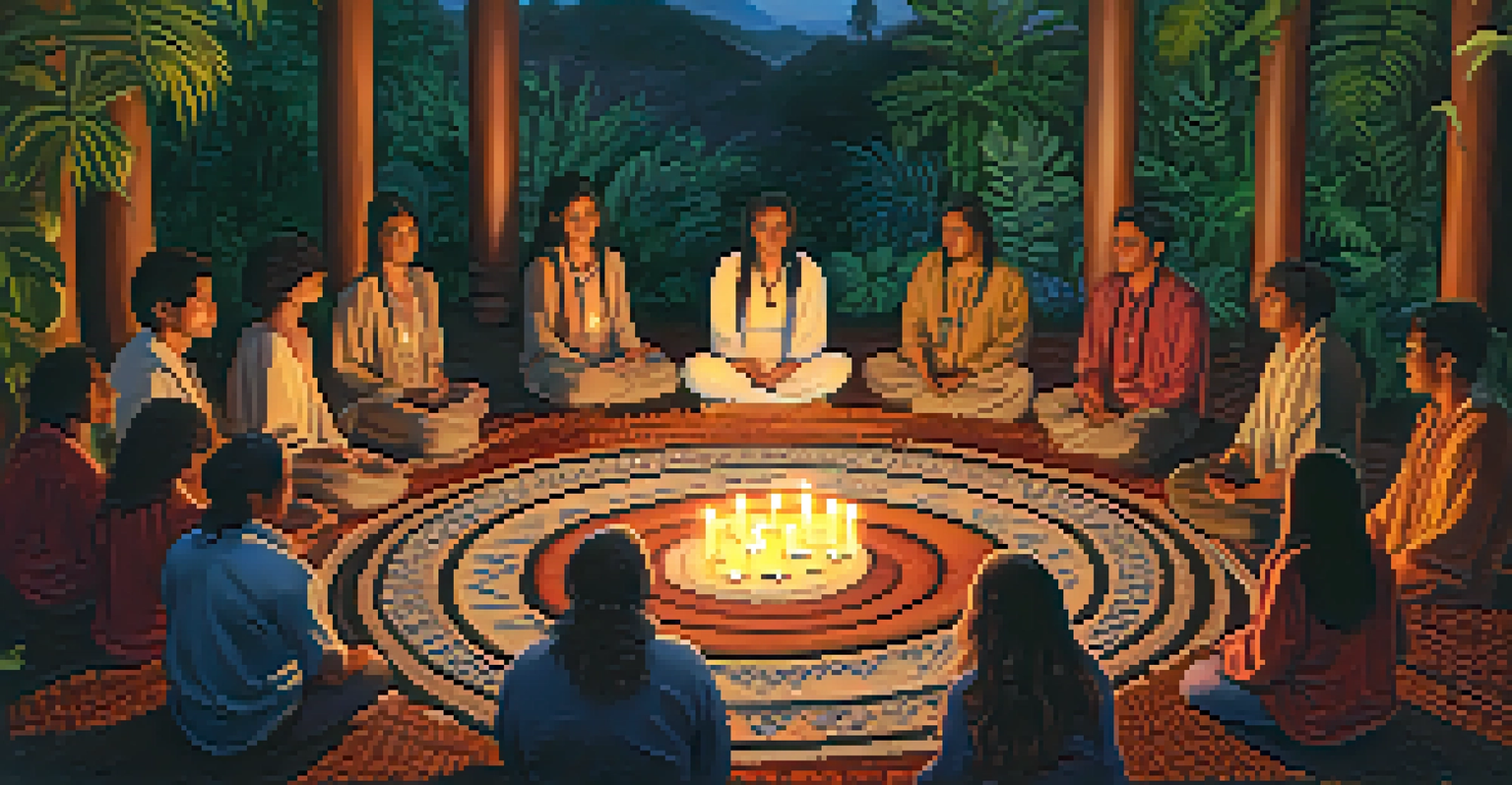 A cozy ayahuasca ceremony with participants seated in a circle surrounded by candlelight and traditional art.