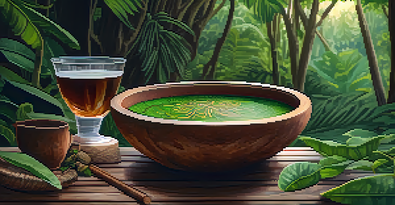 A close-up of Ayahuasca brew in a clay bowl, surrounded by green leaves and wooden elements, illuminated by natural sunlight.