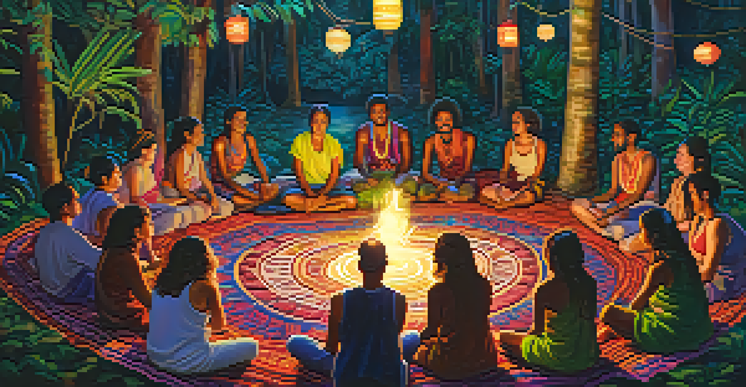 A group of participants in an Ayahuasca ceremony, expressing various emotions while seated in a forest with lanterns.