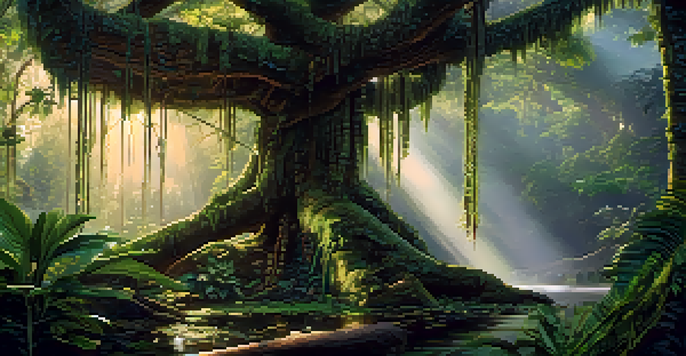 A peaceful Amazon rainforest at dawn with a vine climbing a tree and sunlight filtering through the leaves, along with ceremonial artifacts in the foreground.