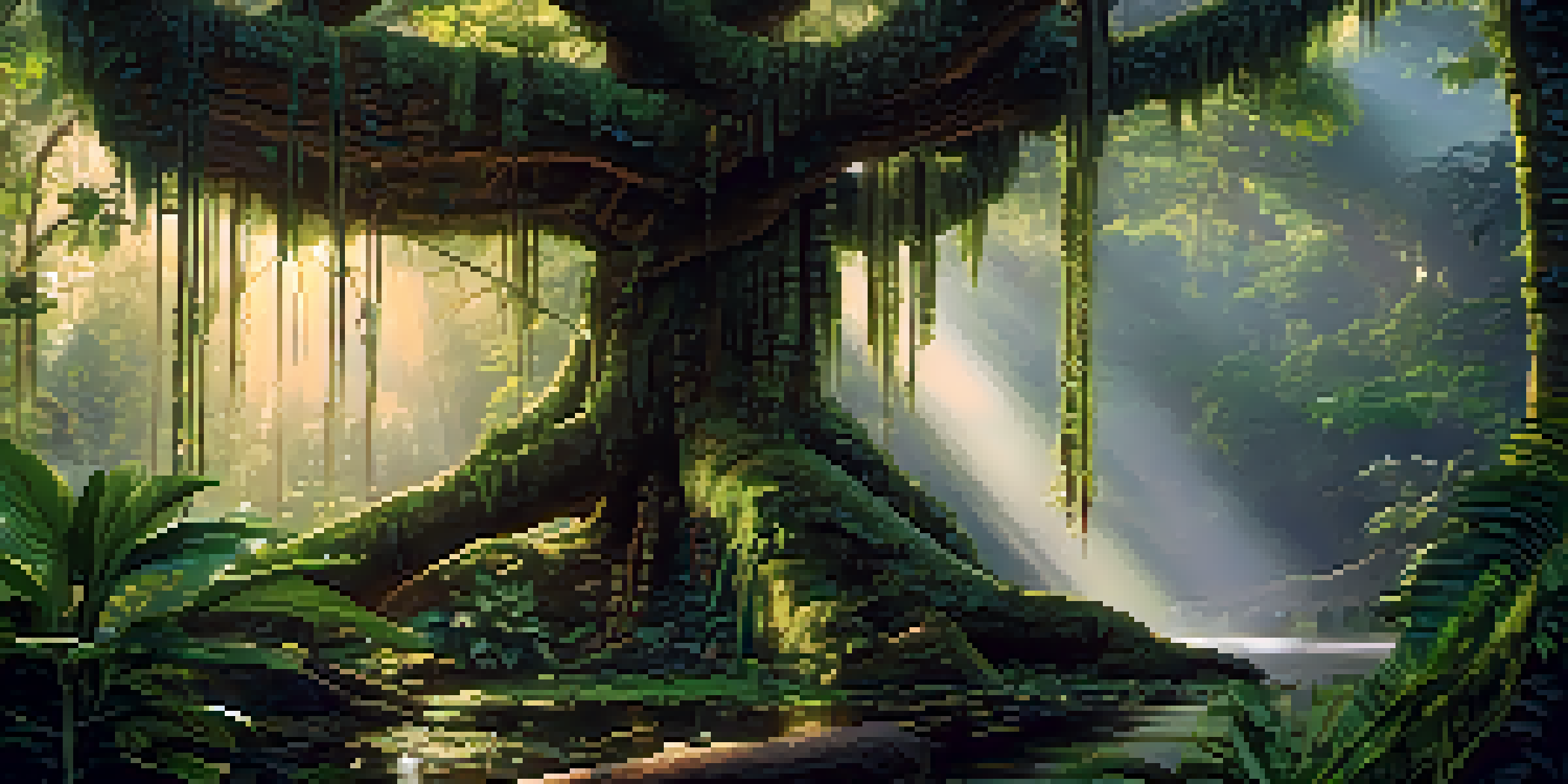 A peaceful Amazon rainforest at dawn with a vine climbing a tree and sunlight filtering through the leaves, along with ceremonial artifacts in the foreground.