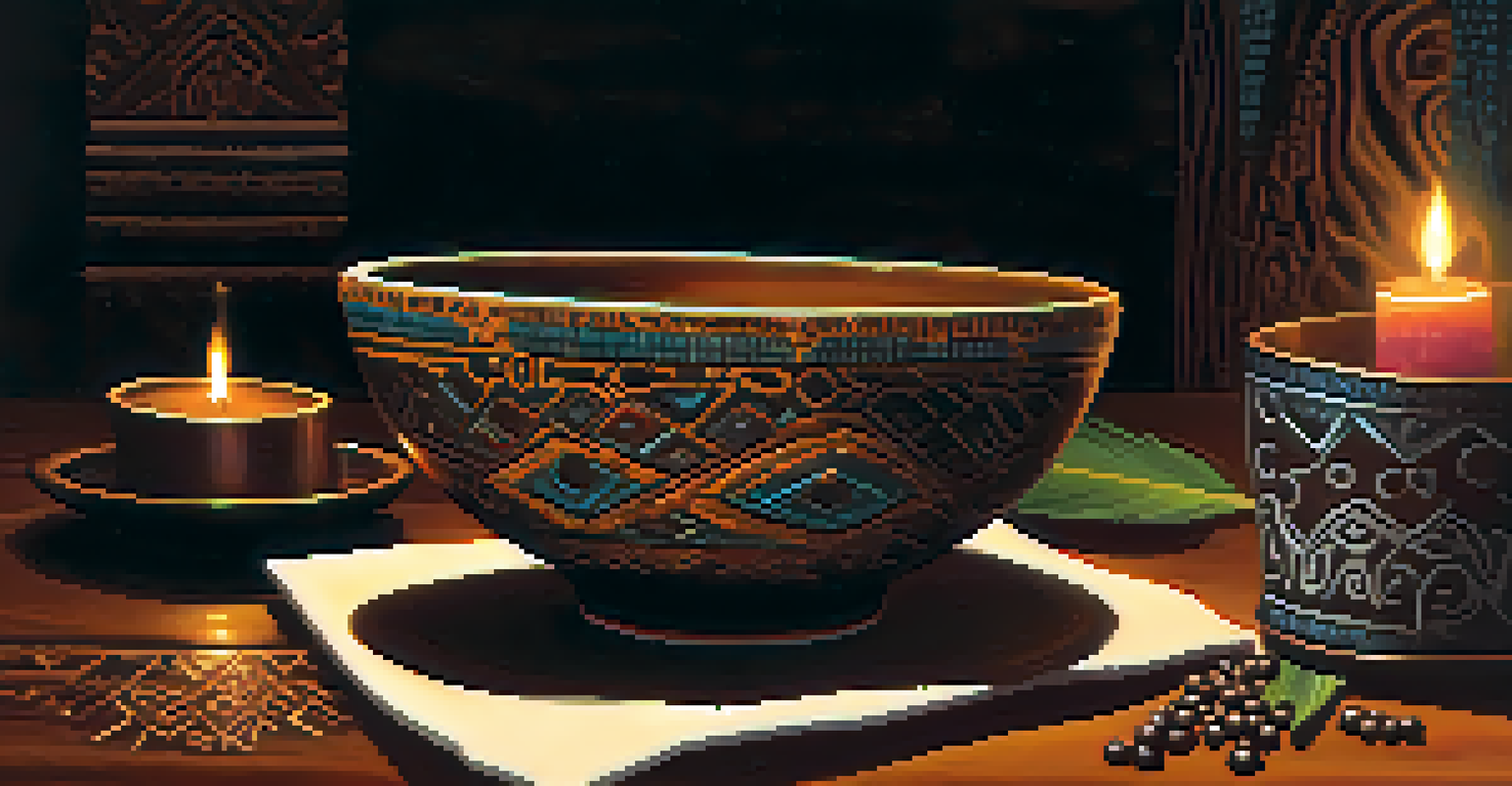 A close-up of a dark Ayahuasca brew in a ceramic cup with candles and ceremonial items blurred in the background.