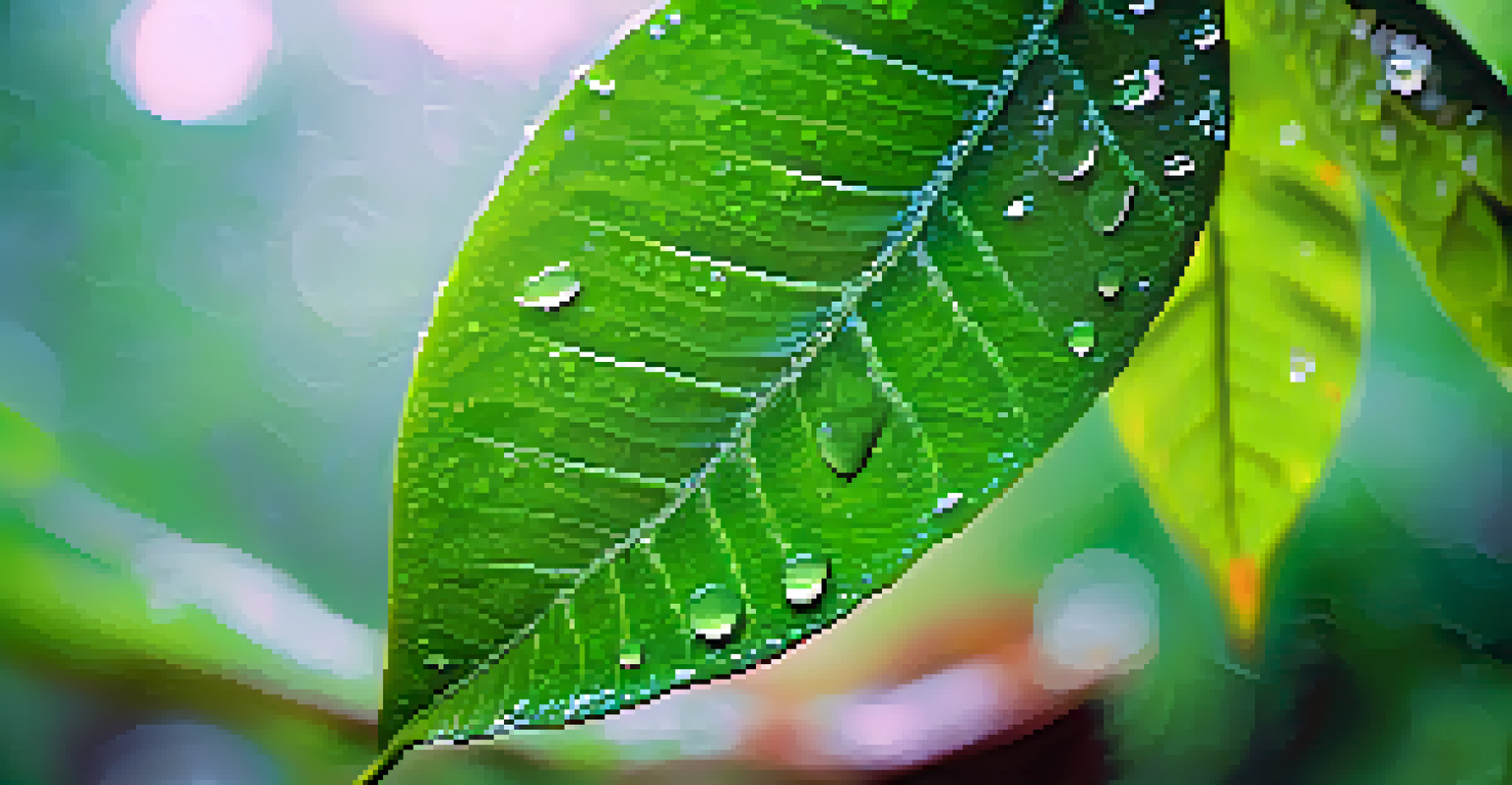 A close-up of a green Psychotria viridis leaf with raindrops, blurred rainforest background.
