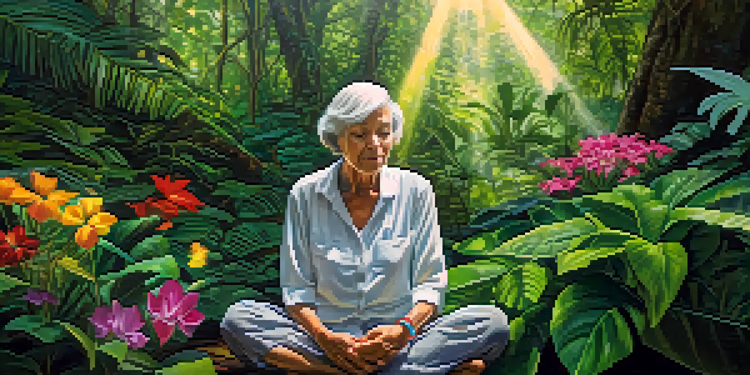 An elderly woman meditating in a vibrant Amazon rainforest, surrounded by green foliage and flowers, with sunlight softly illuminating her face.