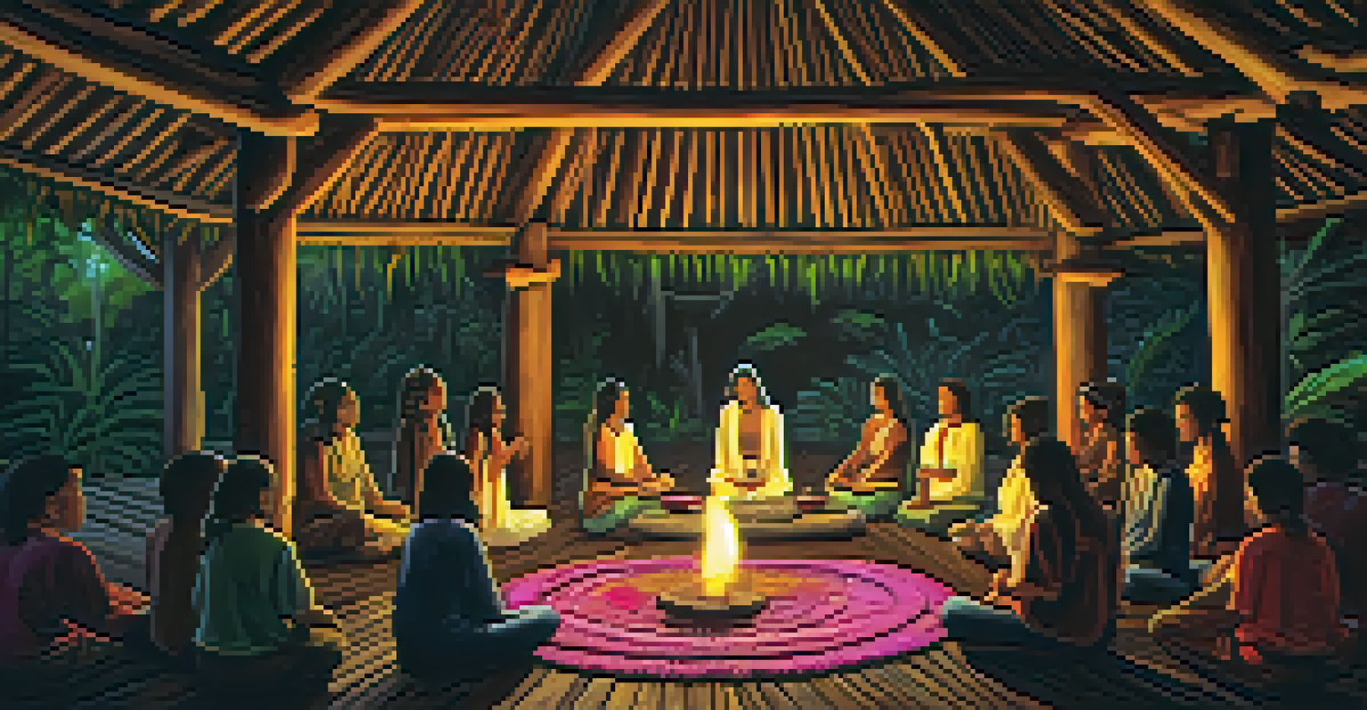 Participants seated in a circle during an Ayahuasca ceremony, surrounded by warm candlelight and an altar with flowers.