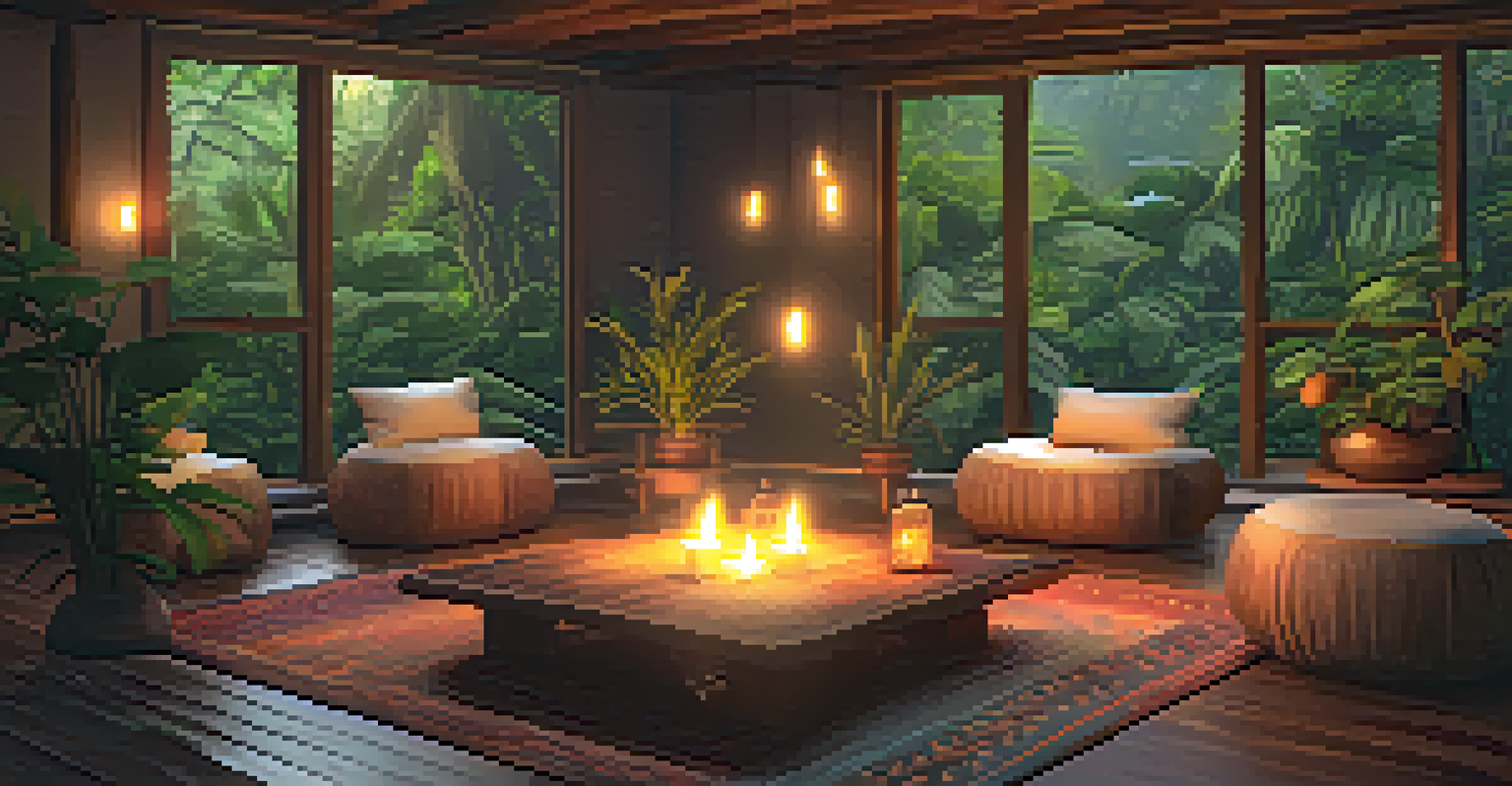An inviting ceremony space for Ayahuasca, with cushions and ambient lighting, featuring a ceremonial cup in the center surrounded by candles.