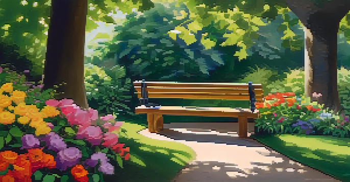 A person journaling on a park bench in a vibrant garden, surrounded by nature and sunlight.