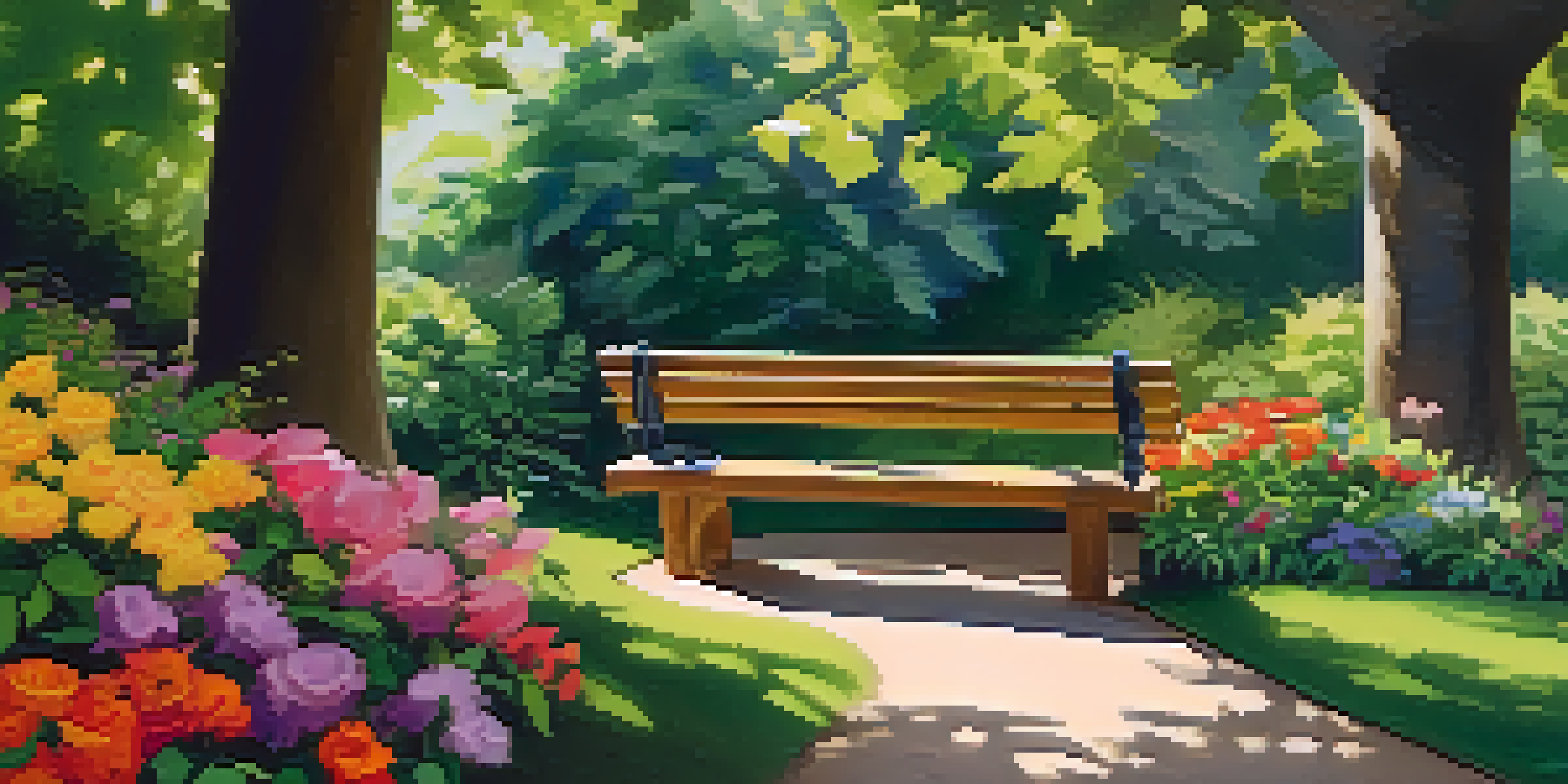 A person journaling on a park bench in a vibrant garden, surrounded by nature and sunlight.
