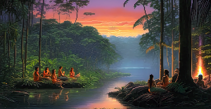 A tranquil Amazon rainforest at twilight with people participating in an ayahuasca ceremony around a fire, surrounded by lush greenery and a reflective river.