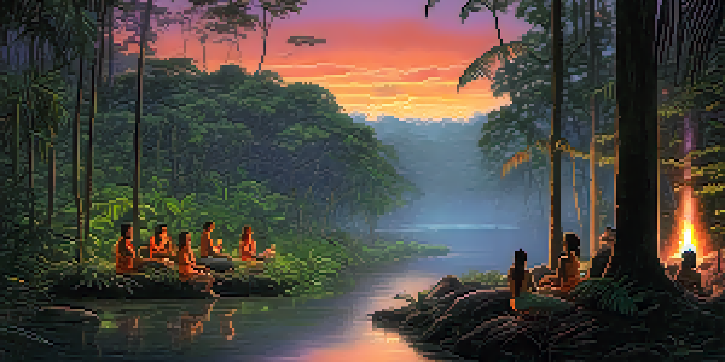 A tranquil Amazon rainforest at twilight with people participating in an ayahuasca ceremony around a fire, surrounded by lush greenery and a reflective river.