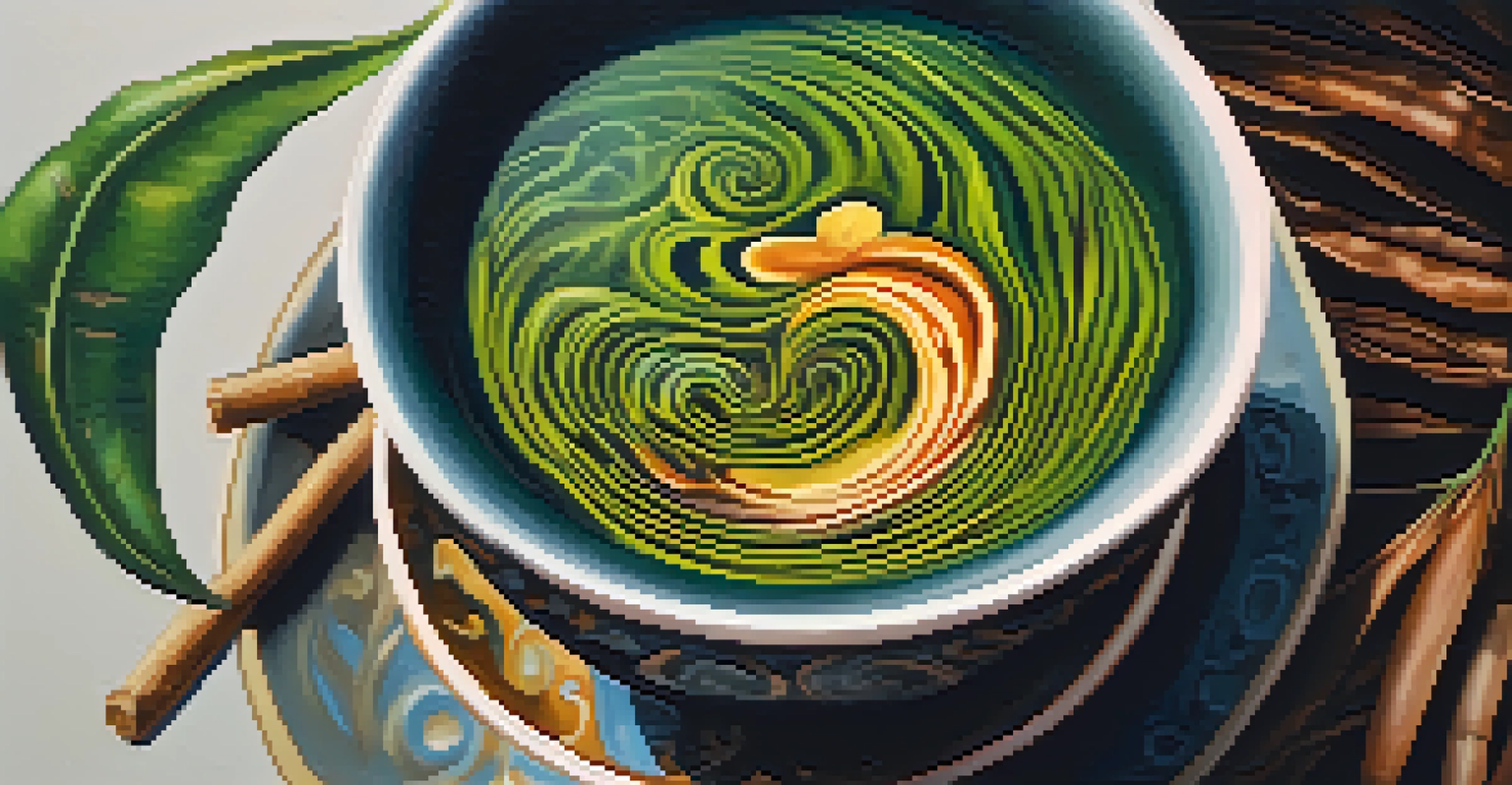 A close-up of ayahuasca brew in a ceramic cup, with dark liquid and hints of Amazonian plants in the background.