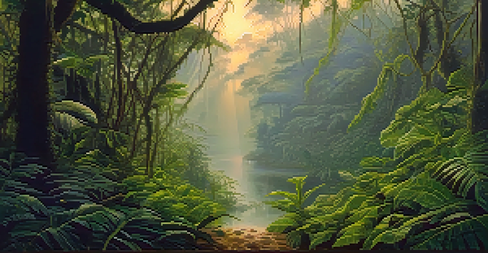 A tranquil scene in the Amazon rainforest at dawn, showcasing the Banisteriopsis caapi vine and Psychotria viridis leaves with mist and soft sunlight.