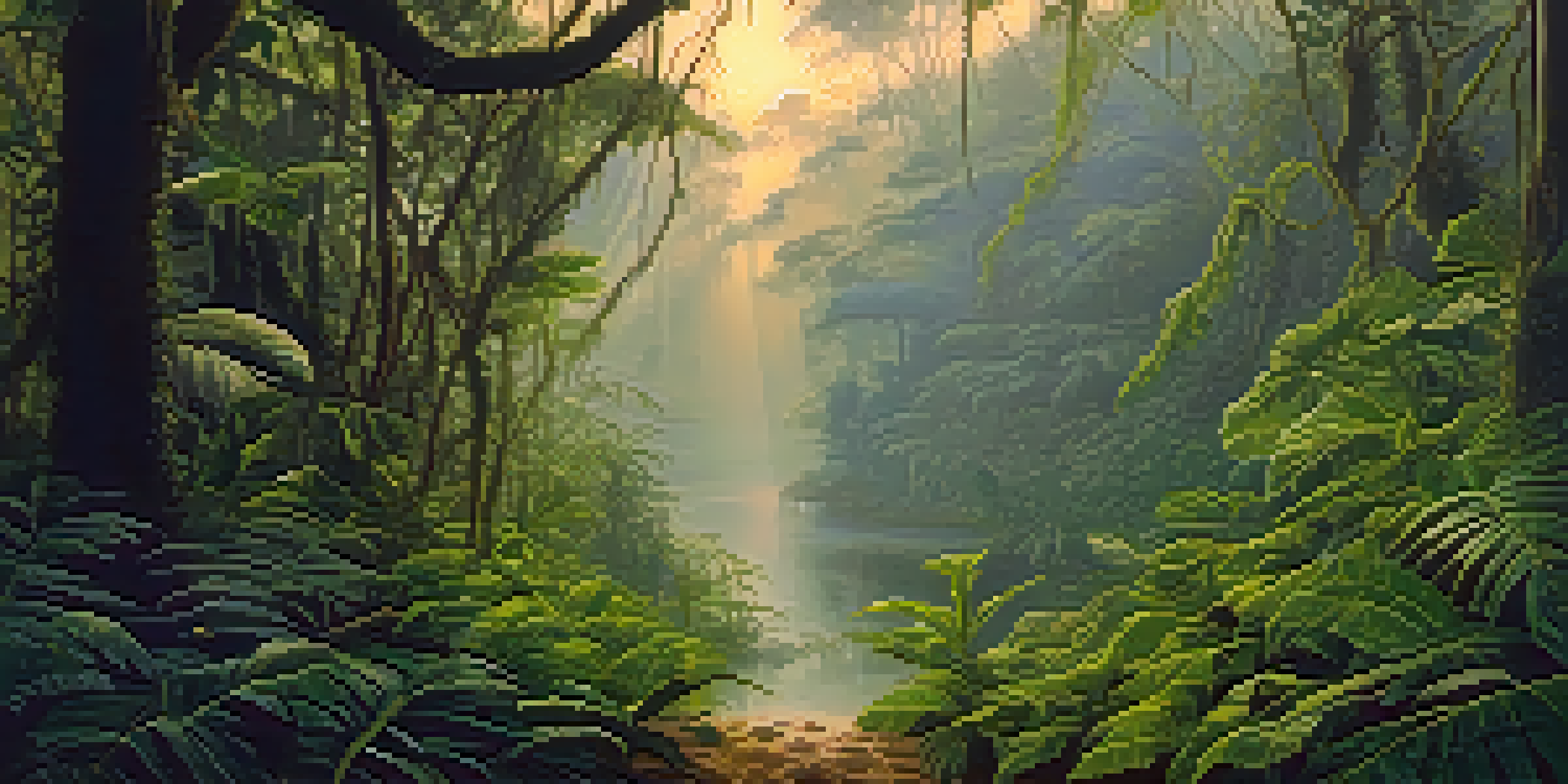 A tranquil scene in the Amazon rainforest at dawn, showcasing the Banisteriopsis caapi vine and Psychotria viridis leaves with mist and soft sunlight.