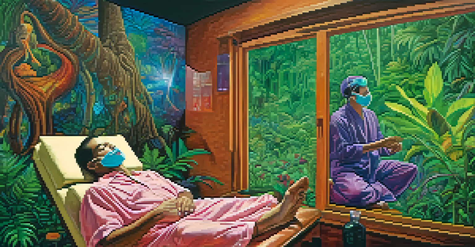 A split image showing an Ayahuasca participant meditating in nature on one side and a patient smiling in a dental chair with nitrous oxide on the other, representing different healing methods.