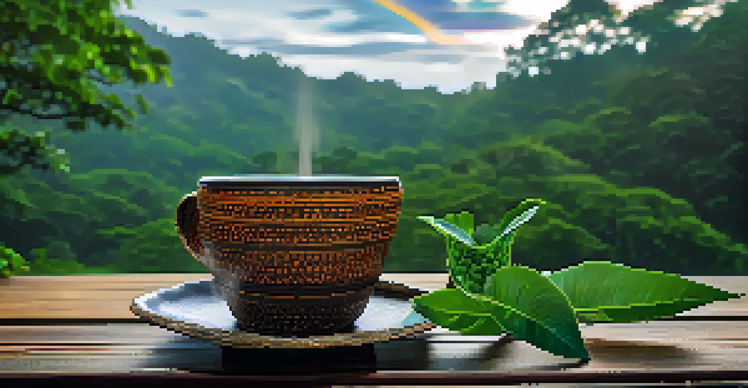 A close-up of a cup of ayahuasca brew on a wooden table, with a blurred background of greenery from the rainforest.
