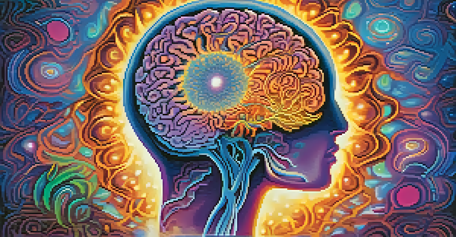 A colorful artistic representation of a brain surrounded by swirling patterns symbolizing the effects of Ayahuasca on consciousness.