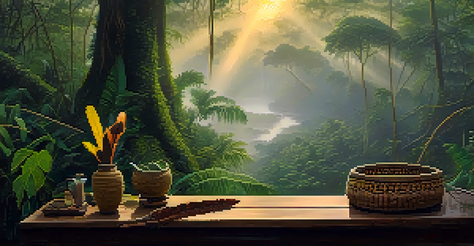 A peaceful scene in the Amazon rainforest with a traditional Ayahuasca brew on a wooden table, surrounded by ceremonial tools and soft golden light filtering through the trees.