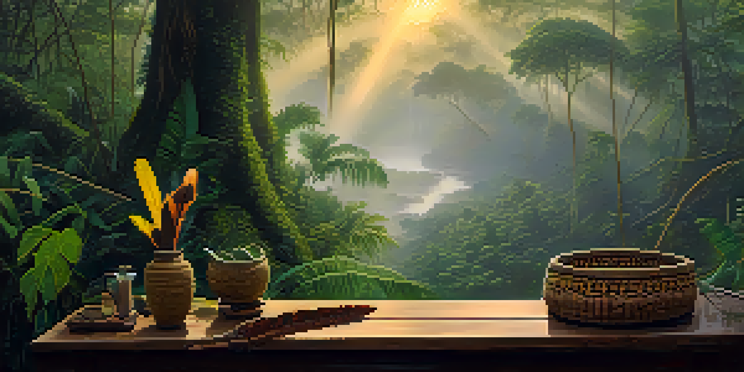A peaceful scene in the Amazon rainforest with a traditional Ayahuasca brew on a wooden table, surrounded by ceremonial tools and soft golden light filtering through the trees.