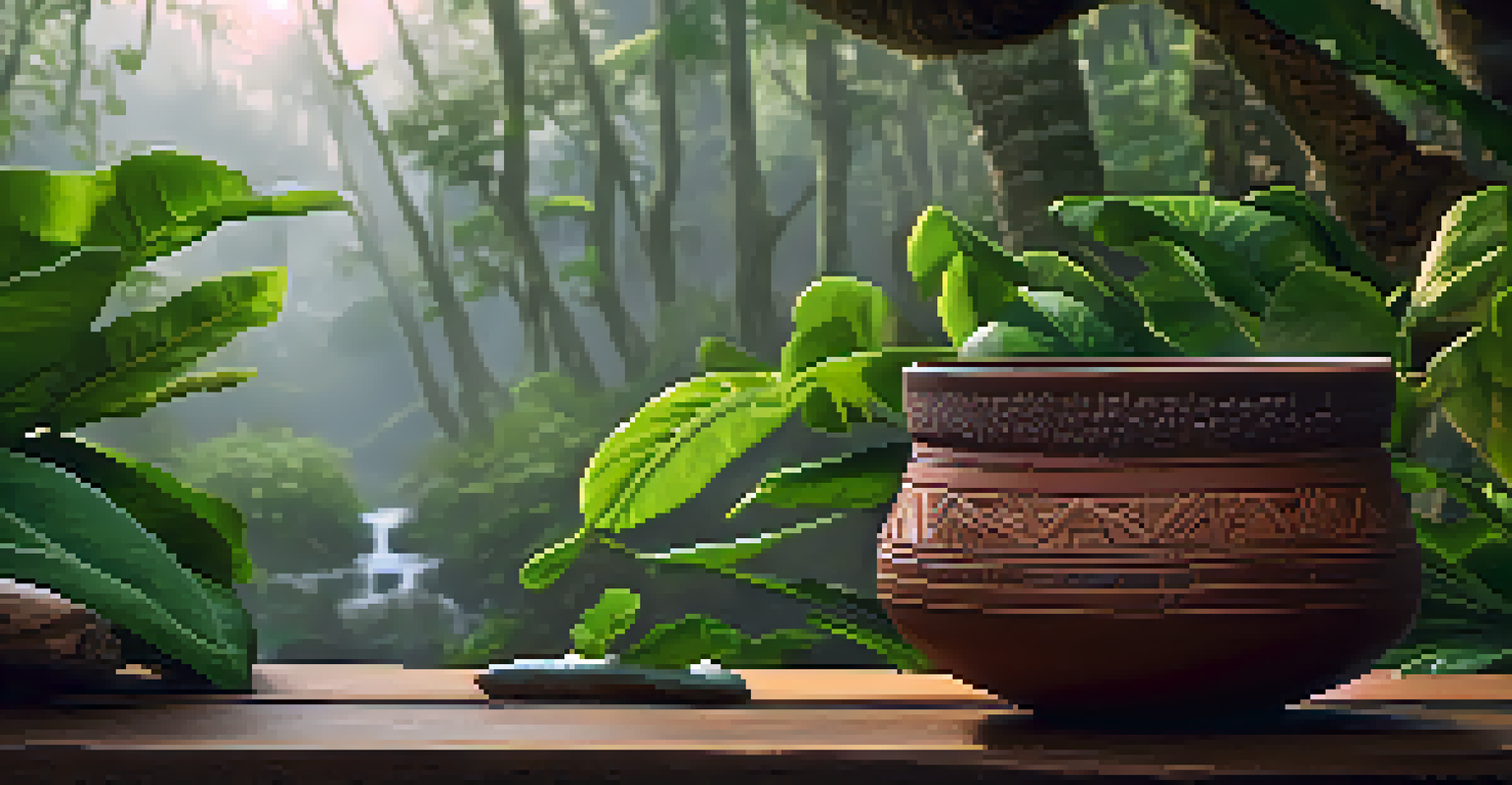 A close-up view of an Ayahuasca brew in a clay cup, surrounded by leaves and natural textures, highlighting its connection to nature.