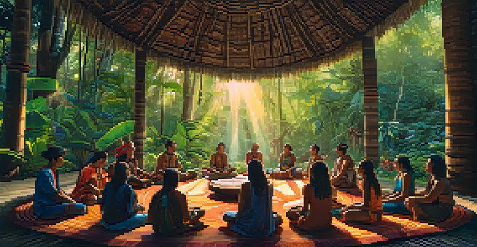 A tranquil scene of an Ayahuasca retreat in the Amazon rainforest, with participants sitting in a circle and a shaman in traditional clothing in the center.
