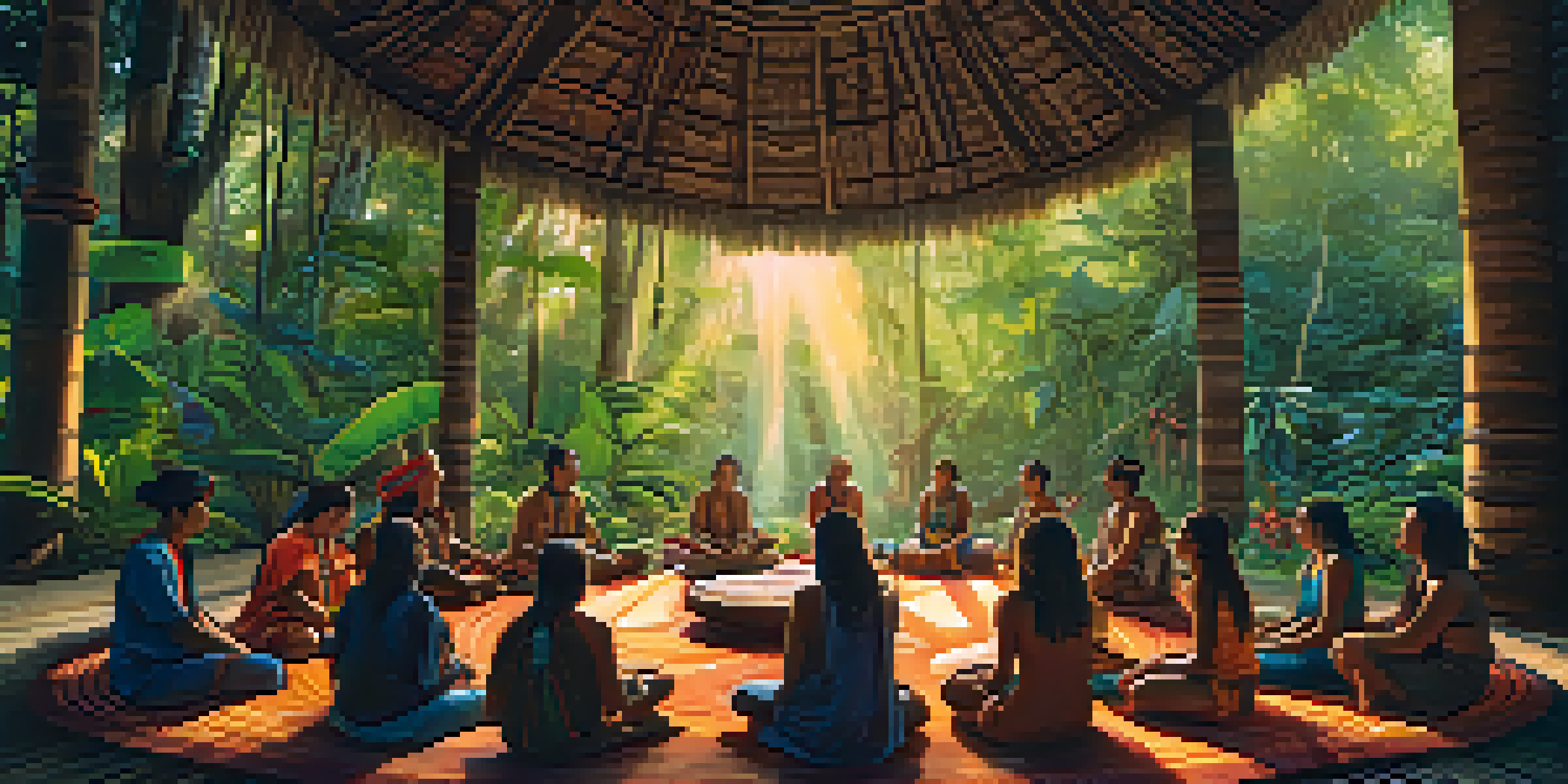 A tranquil scene of an Ayahuasca retreat in the Amazon rainforest, with participants sitting in a circle and a shaman in traditional clothing in the center.
