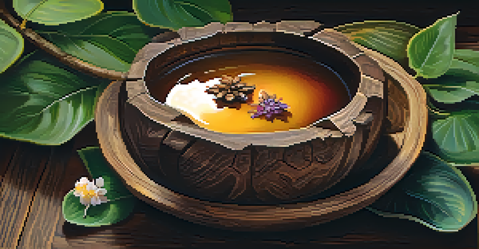 A close-up view of Ayahuasca brew in a wooden bowl, surrounded by natural elements, illuminated by soft, diffused light.